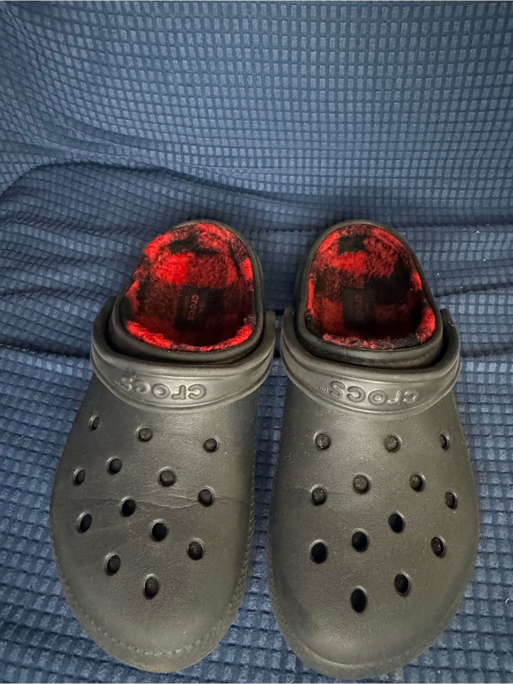 CROCS Black Classic Clog with Red/Black Buffalo Plaid Plush Lining